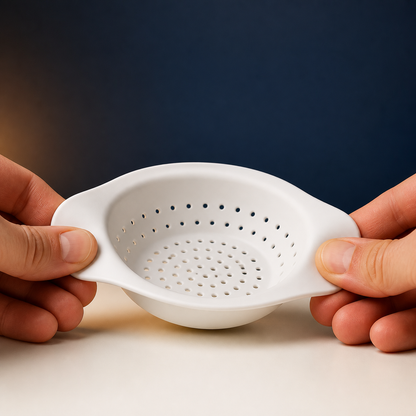 Hands gently flexing the silicone side tabs on the sink strainer