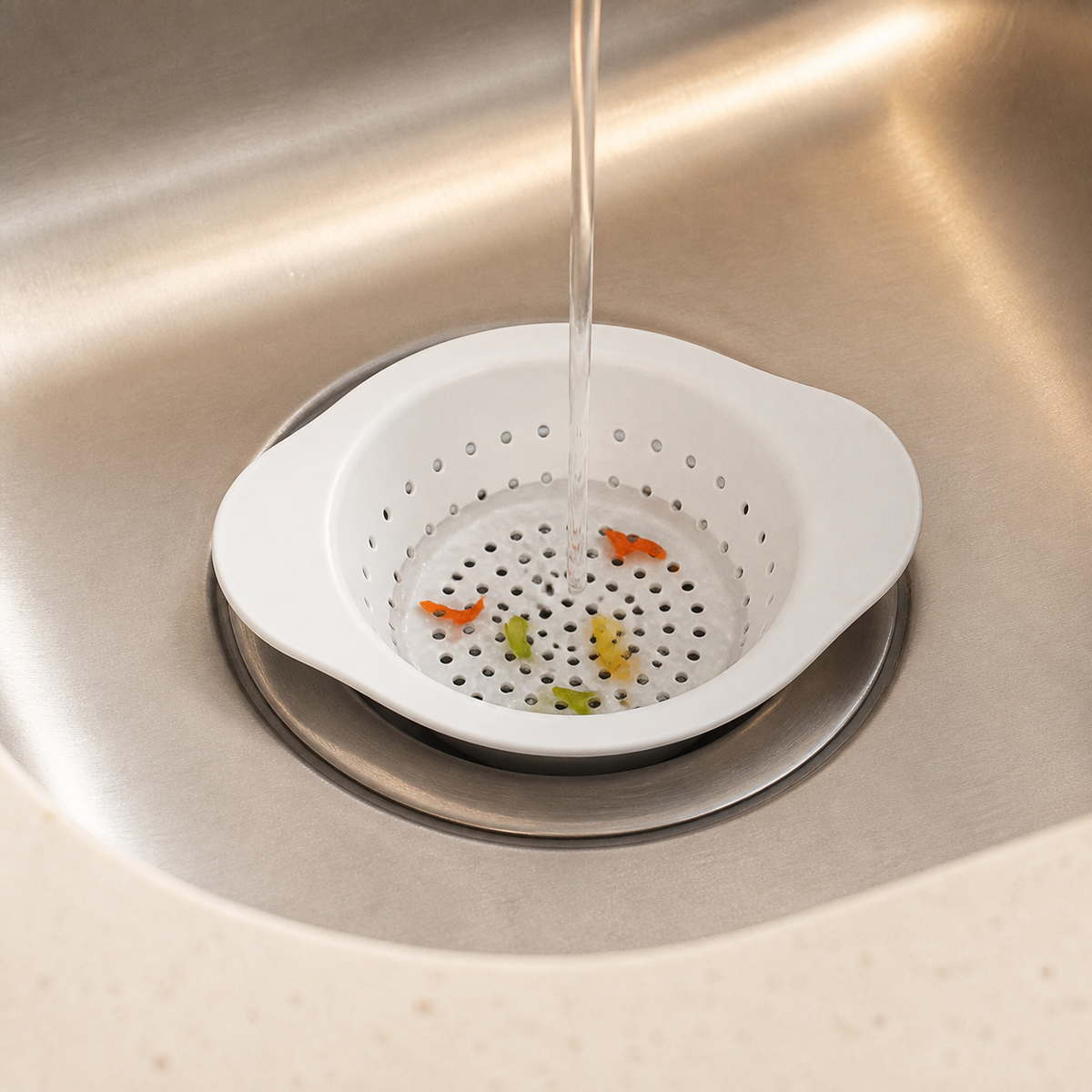 Compact white sink strainer catching small food scraps over a drain