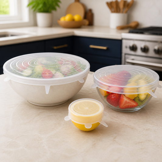 Reusable silicone stretch lids covering bowls and a cut lemon