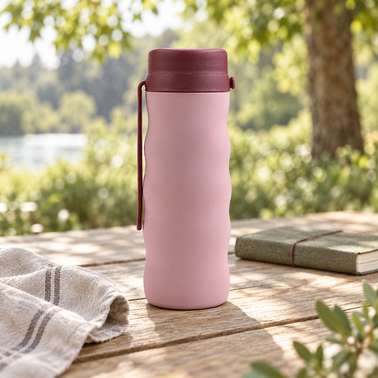 Silicone Travel Water Bottle in an illustrative everyday-use scene; styling props not included