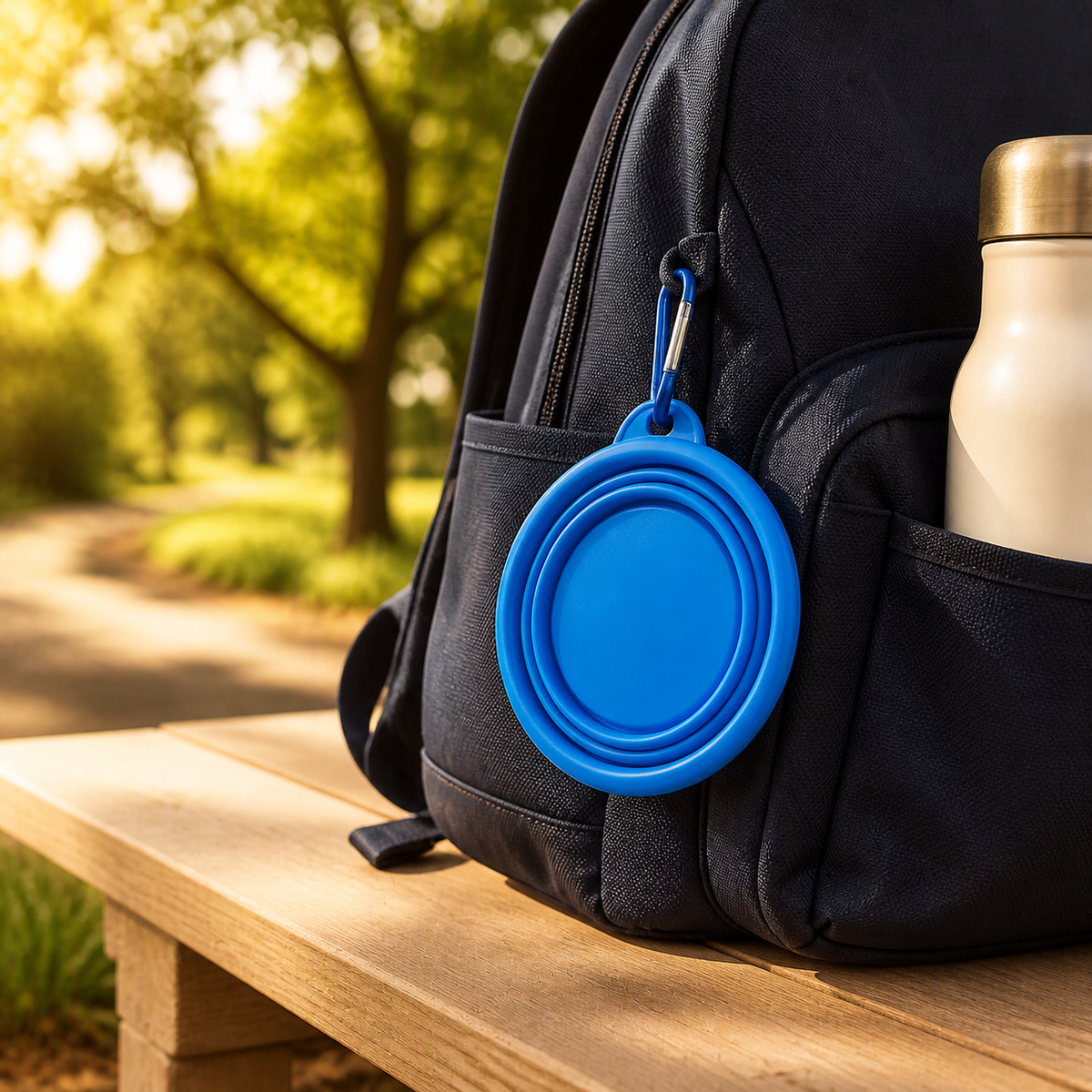 Collapsed blue Travel Pet Bowl clipped to a navy backpack