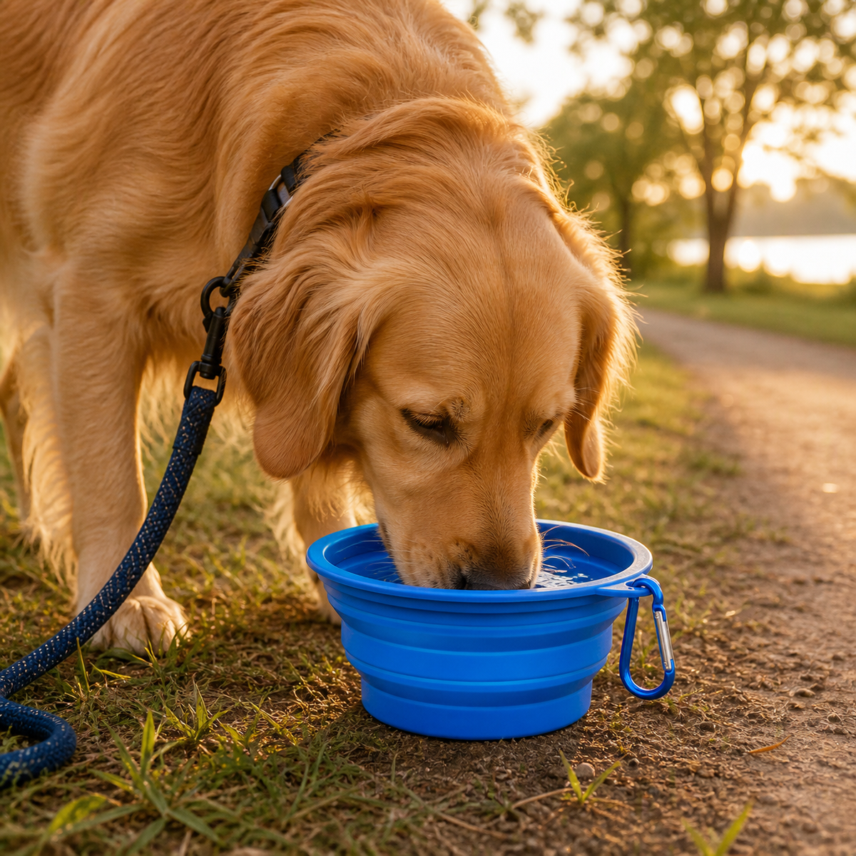 Collapsible Travel Pet Bowl used by a dog on a park walk