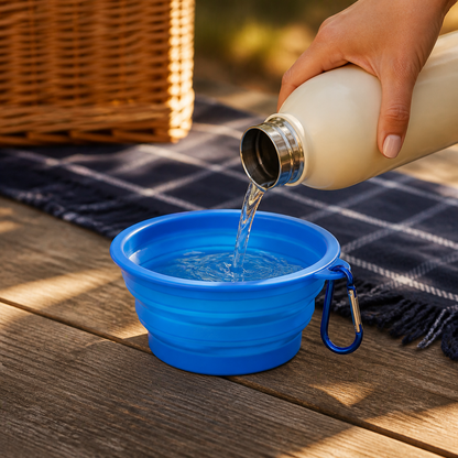Water poured into the expanded Collapsible Travel Pet Bowl
