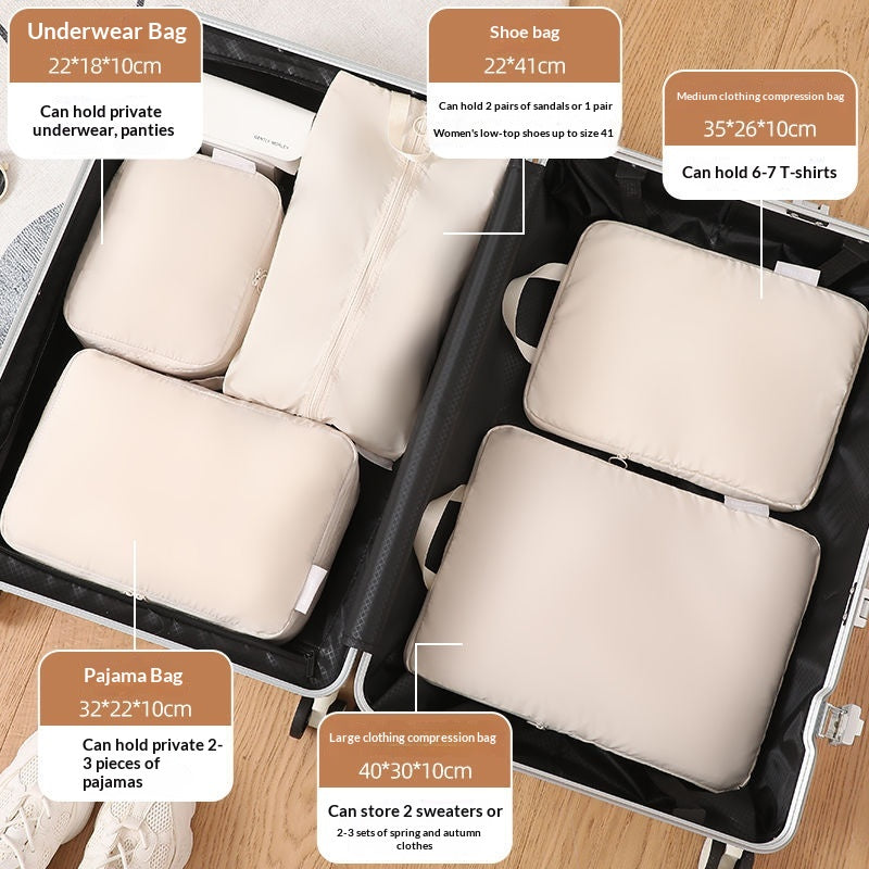 Beige nylon packing cubes zipped shut inside a suitcase to keep clothes sorted in transit; suitcase and shoes not included.
