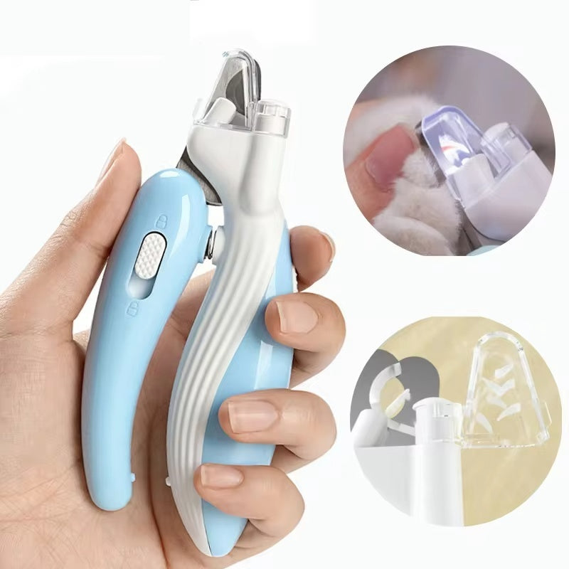 Blue and white LED pet nail clipper held in a hand, with detail insets showing its light and guard in use.