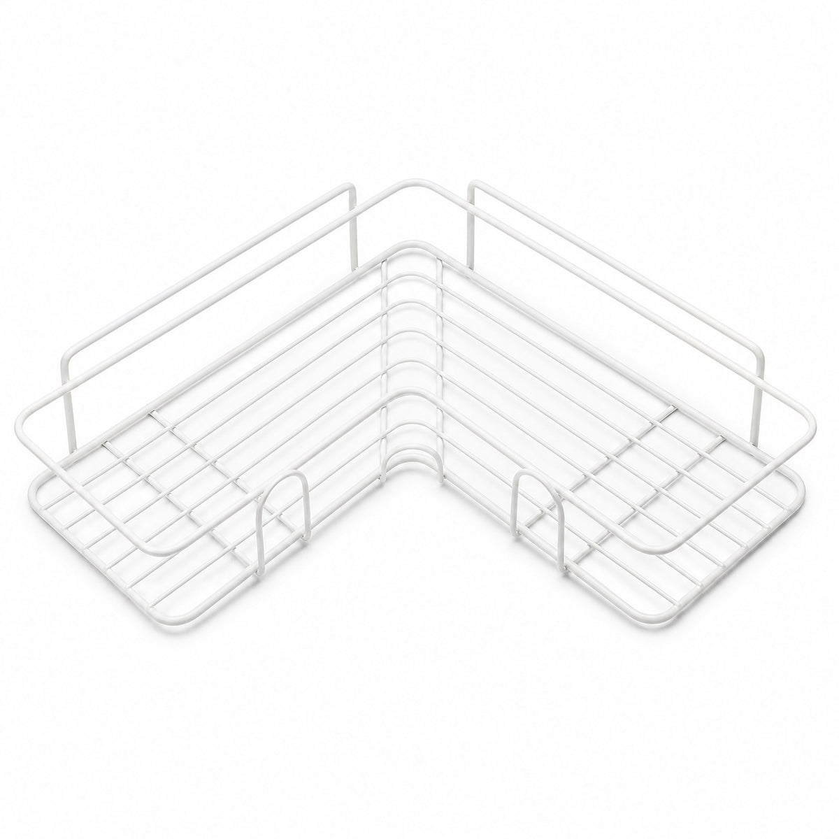 White corner bathroom shelf with a wire base and perimeter railing on a white background