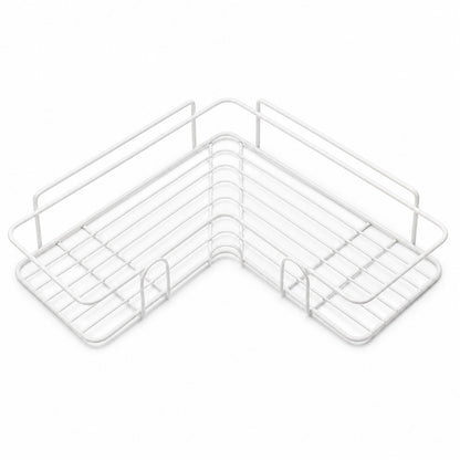 White corner bathroom shelf with a wire base and perimeter railing on a white background