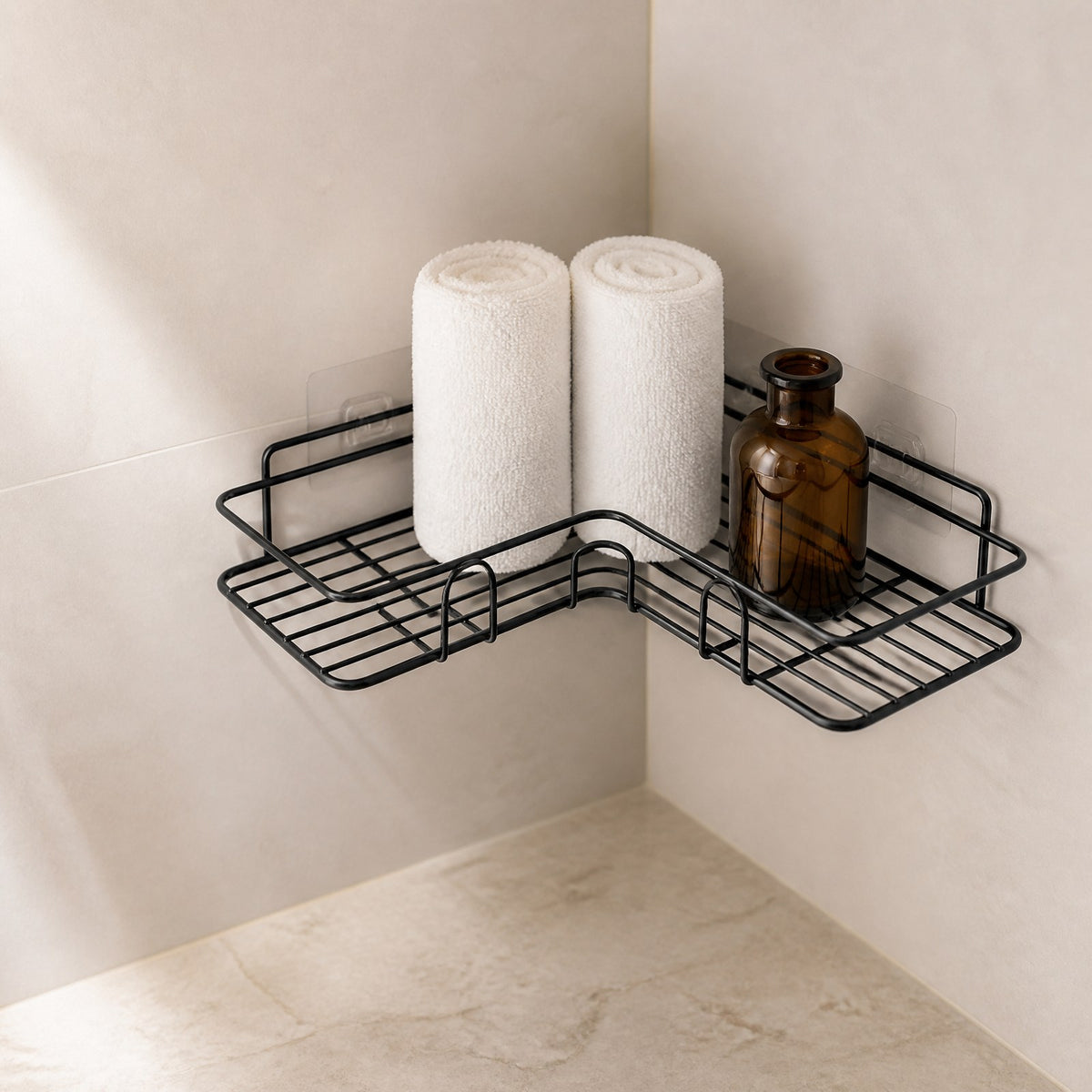 Black corner bathroom shelf holding rolled white towels in a tiled wall corner