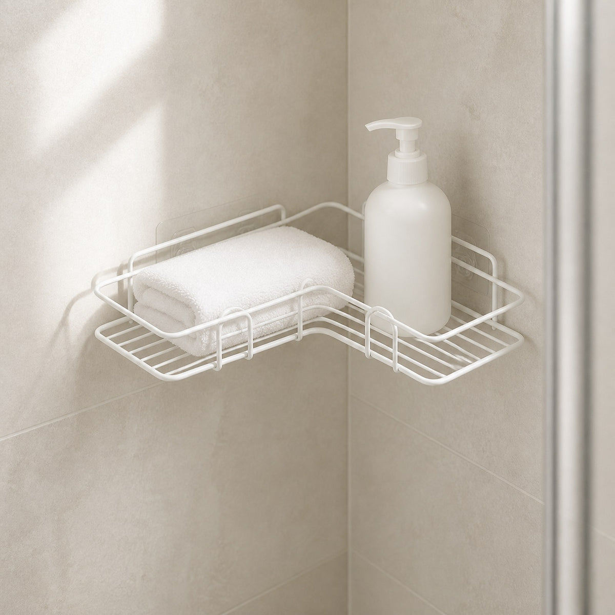 White corner shower shelf with a folded towel and an unbranded bottle on a tiled wall