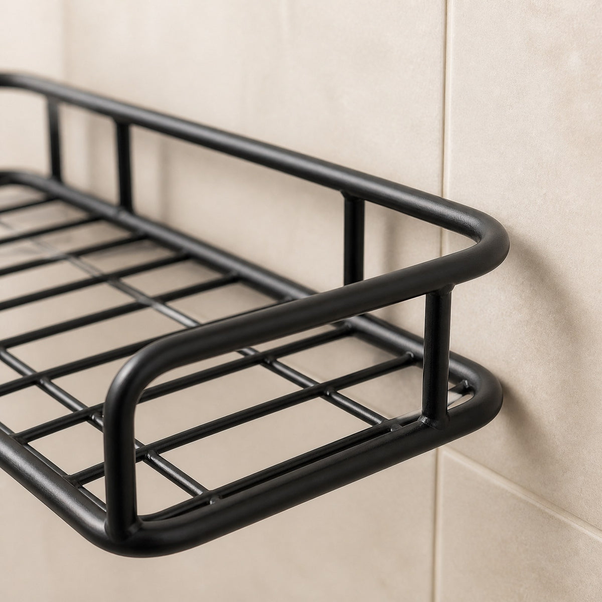 Close-up of the corner shelf's rounded corner, railing and welded wire joints