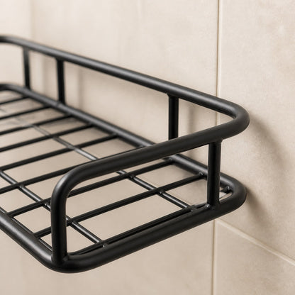 Close-up of the corner shelf's rounded corner, railing and welded wire joints