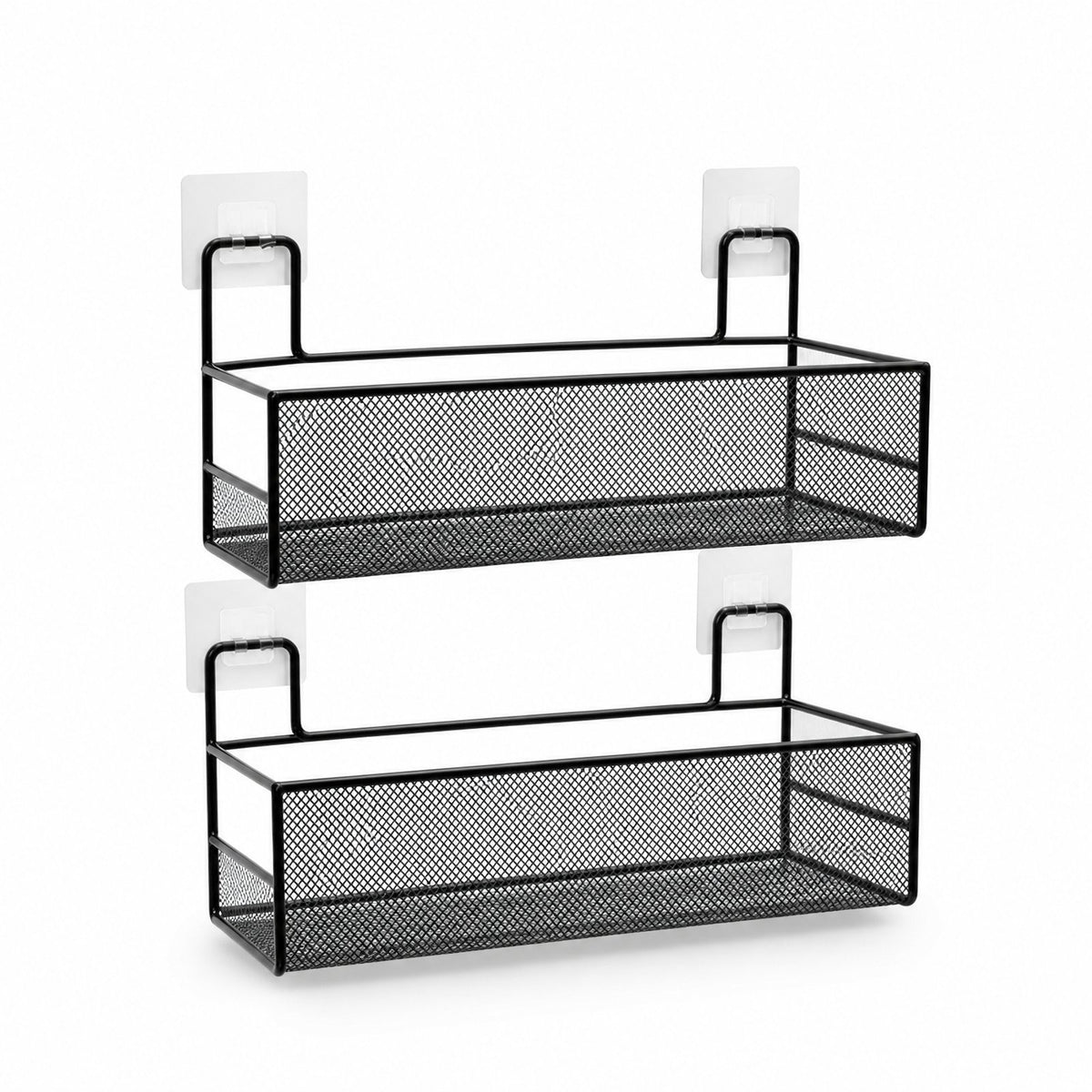 Two-tier wall-mounted shower shelf with two matte black wire mesh baskets, empty, on a white background