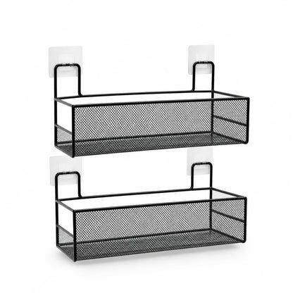 Two-tier wall-mounted shower shelf with two matte black wire mesh baskets, empty, on a white background