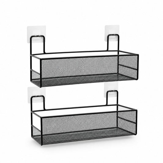Two-tier wall-mounted shower shelf with two matte black wire mesh baskets, empty, on a white background