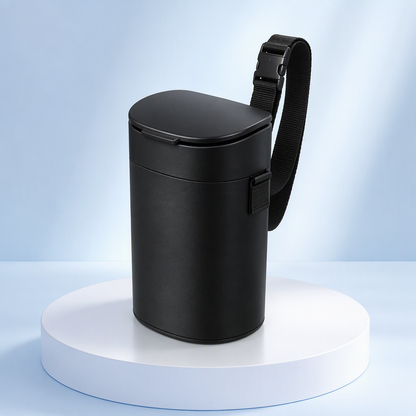 Compact black car trash bin with lid and adjustable strap