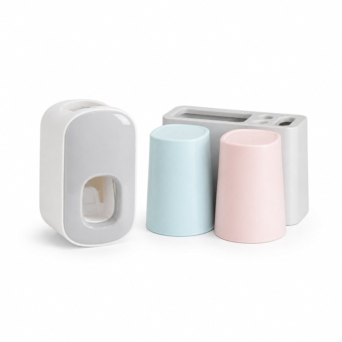 Wall-mounted toothbrush holder with toothpaste dispenser, cup holder base and two cups on a white background