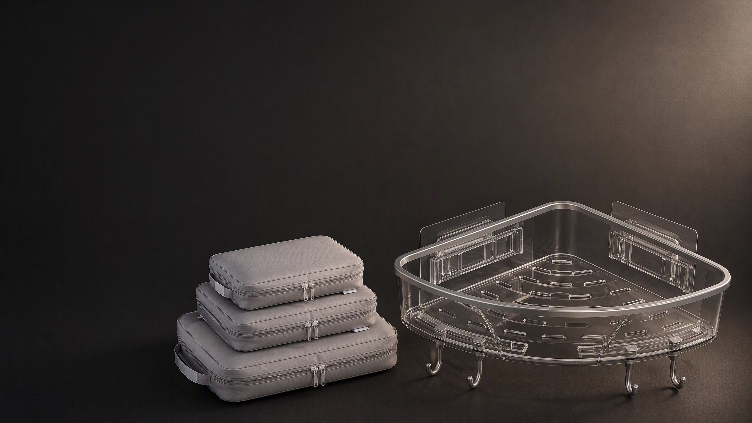 CozyPickup Black Friday hero: grey packing cubes and a transparent acrylic corner shelf on a dark backdrop